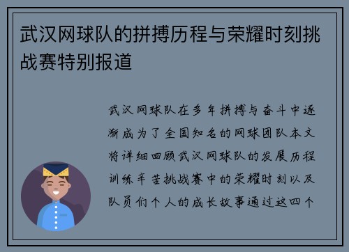 武汉网球队的拼搏历程与荣耀时刻挑战赛特别报道