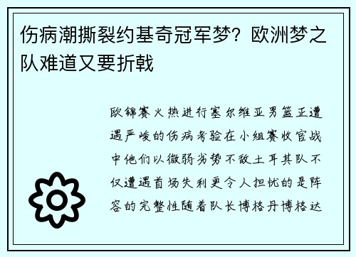 伤病潮撕裂约基奇冠军梦？欧洲梦之队难道又要折戟